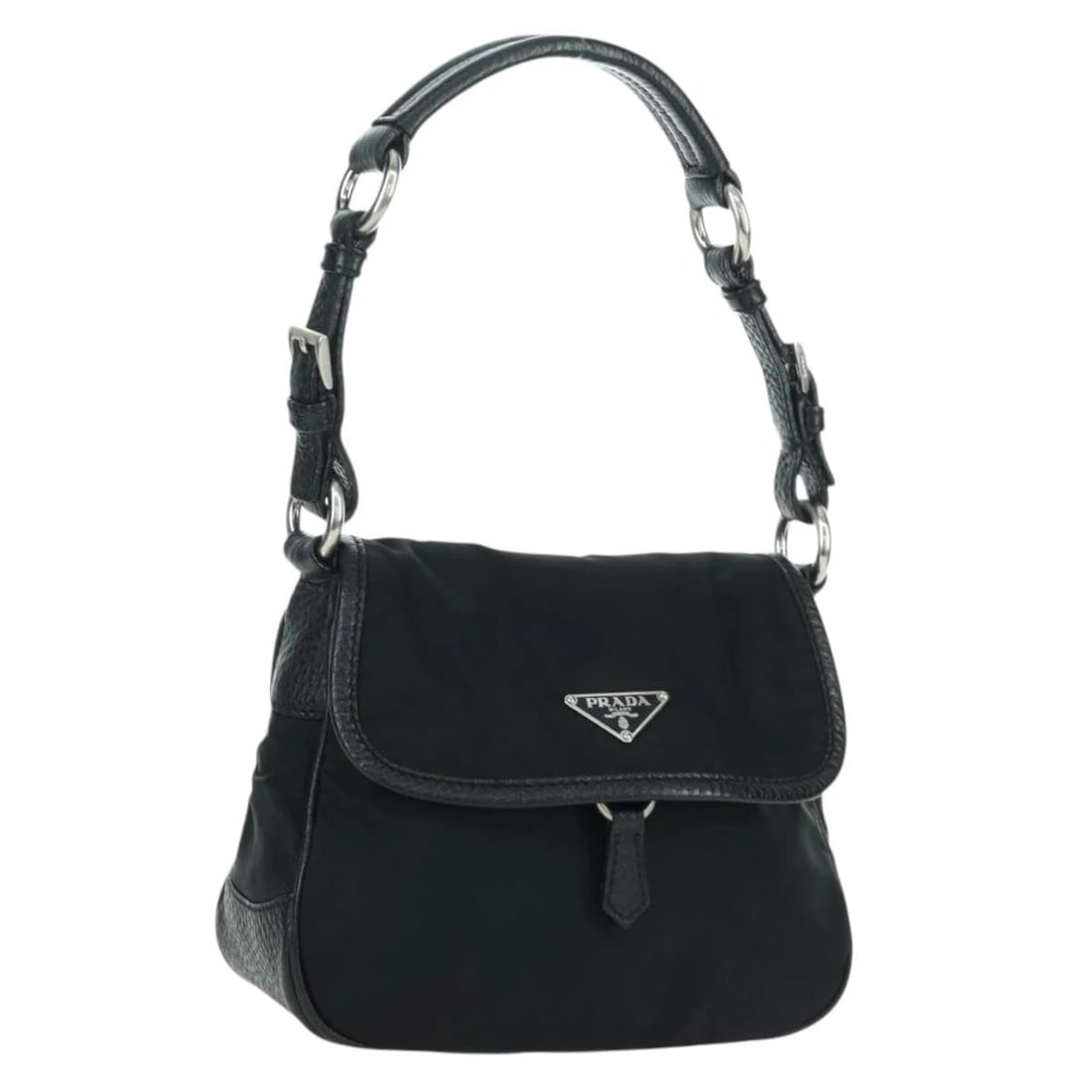 PRADA HAND BAG NYLON BLACK SILVER: PRADA Hand Bag Nylon Black Silver Brand: PRADA Type/Style: Hand Bag Material: Nylon Color: Black/Silver Size: Size(Inch)W8.3 x H6.7 x D3.5inch(Approx) Handle Drop:7.5inch(Appro Accessories: None <