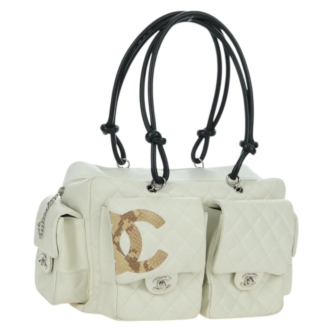 CHANEL CAMBON LINE MATELASSE HAND BAG LEATHER WHITE SILVER: CHANEL Cambon Line Matelasse Hand Bag Leather White Silver Brand: CHANEL Type/Style: Hand Bag Material: Leather Color: White/Silver Size: Size(Inch)W8.3 x H6.7 x D3.5inch(Approx) Handle Drop:7.5inch(A