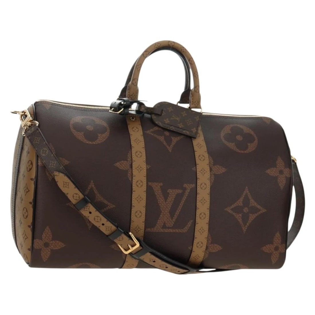 LOUIS VUITTON REVERSE GIANT KEEPALL BANDOULIERE 45 BAG: LOUIS VUITTON Reverse Giant Keepall Bandouliere 45 Bag Brand: LOUIS VUITTON Type/Style: Boston Bag Material: Monogram Canvas Color: Monogram Size: Size(Inch)W17.7 x H10.6 x D7.9inch(Approx) Access