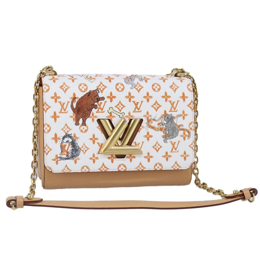 LOUIS VUITTON CATGRAM TWIST MM SHOULDER BAG WHITE: LOUIS VUITTON Catgram Twist MM Shoulder Bag White Brand: LOUIS VUITTON Type/Style: Shoulder Bag Material: Monogram Canvas Color: White Size: Size(Inch) W9.1 x H6.7 x D3.5inch(Approx) Accessories: