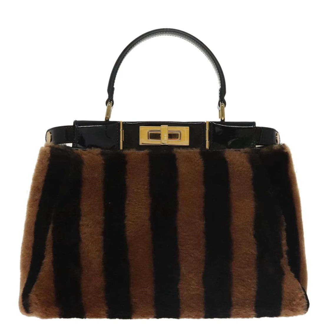 FENDI PECAN PEEK A BOO REGULAR HAND BAG MOUTON 2WAY BLACK BROWN: FENDI Pecan Peek A Boo Regular Hand Bag Mouton 2way Black Brown Brand: FENDI Type/Style: Hand Bag Material: Leather/Pequin Canvas Color: Black/Brown Size: Size(Inch) W13.4 x H9.8 x D3.1inch(Approx) Ha