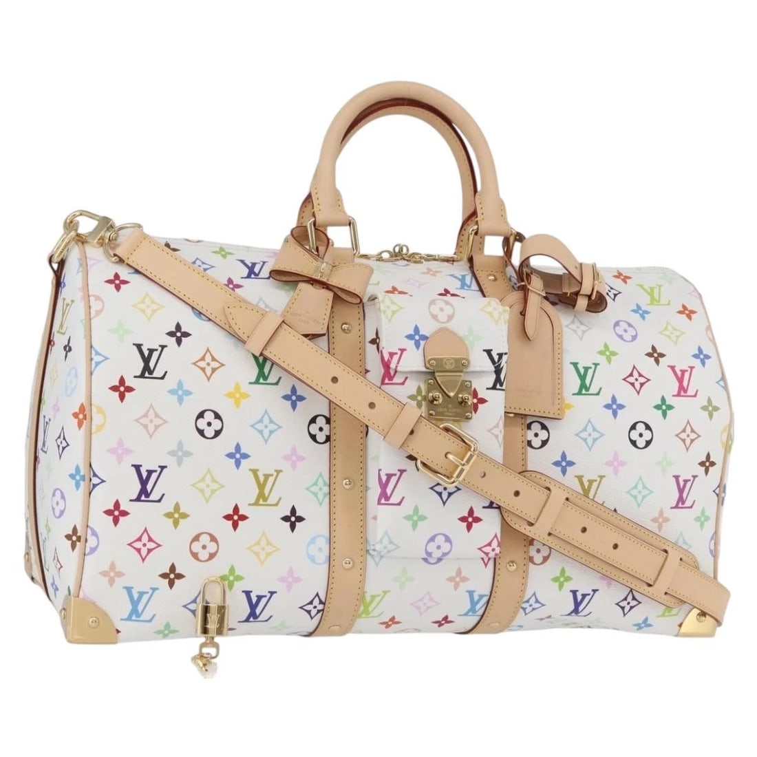 LOUIS VUITTON MULTICOLOR ? TM KEEPALL BANDOULIERE 45 BAG: LOUIS VUITTON Multicolor ? TM Keepall Bandouliere 45 Bag Brand: LOUIS VUITTON Type/Style: Boston Bag Material: Monogram Multicolor Canvas Color: White Size: Size(Inch) W17.7 x H9.8 x D7.9inch(Approx) 