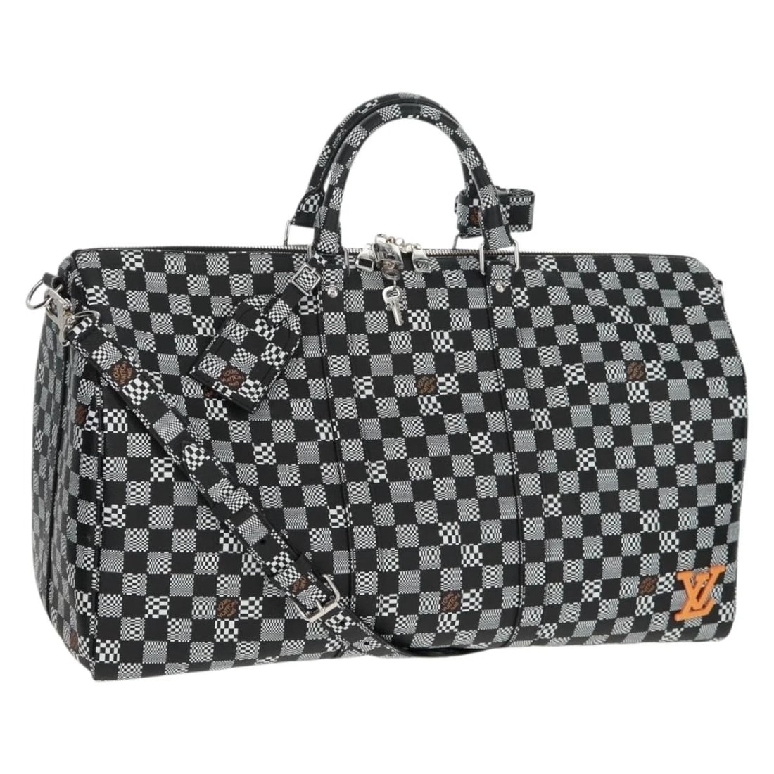 LOUIS VUITTON DAMIER DISTORTED KEEPALL BANDOULIERE 50 BAG: LOUIS VUITTON Damier Distorted Keepall Bandouliere 50 Bag Brand: LOUIS VUITTON Type/Style: Boston Bag Material: Damier Ebene Canvas Color: Black Size: Size(Inch) W19.7 x H9.8 x D8.7inch(Approx) Ac