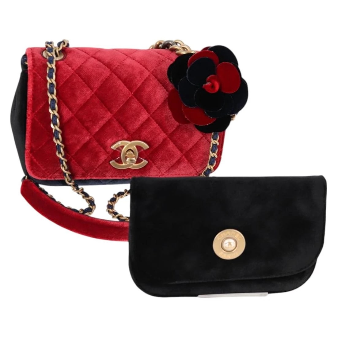 CHANEL MATELASSE CAMELLIA CHAIN SHOULDER BAG VELOR RED: CHANEL Matelasse Camellia Chain Shoulder Bag Velor Red Brand: CHANEL Type/Style: Shoulder Bag Material: Velor Color: Red/Navy Size: Size(Inch) W6.7 x H4.3 x D2.0inch(Approx) Handle Drop:8.3inch(Approx