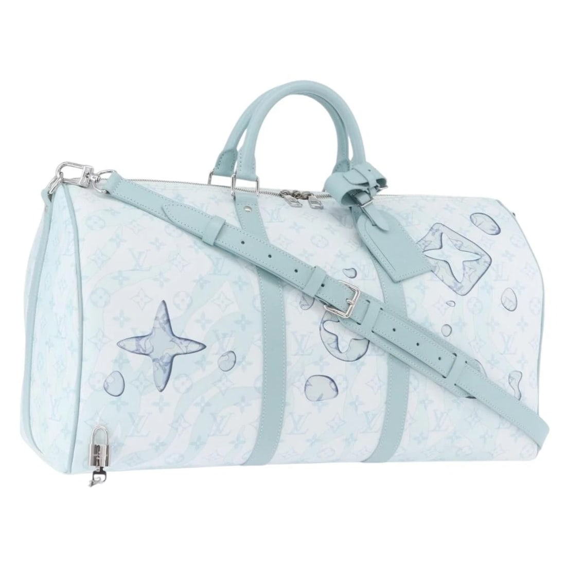 LOUIS VUITTON MONOGRAM AQUA GARDEN KEEPALL BANDOULIERE 50: LOUIS VUITTON Monogram Aqua Garden Keepall Bandouliere 50 Brand: LOUIS VUITTON Type/Style: Boston Bag Material: Monogram Canvas Color: White Size: Size(Inch) W19.7 x H9.8 x D8.7inch(Approx) Access