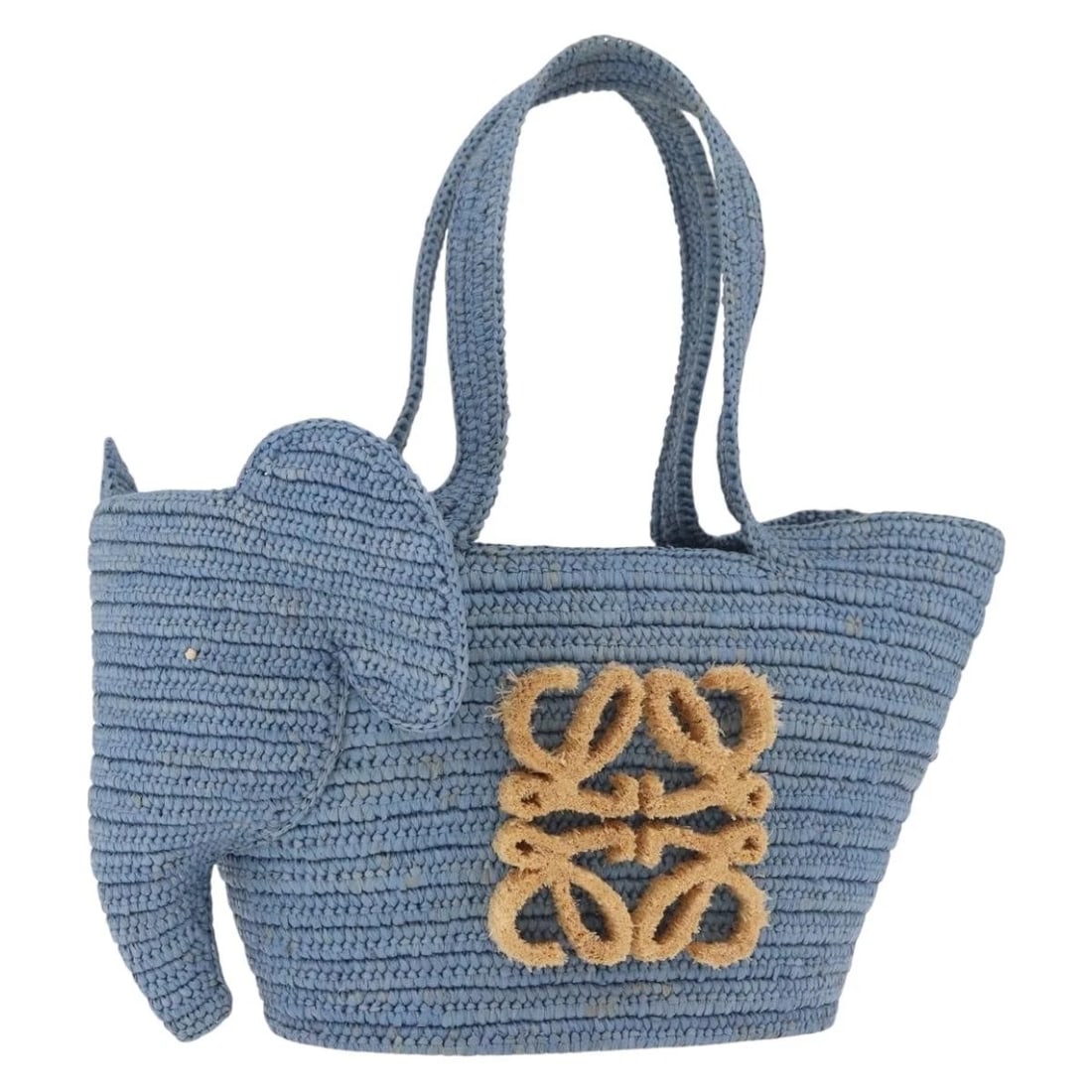 LOEWE ELEPHANT MOTIF HAND BAG RAFFIA LIGHT BLUE: LOEWE Elephant Motif Hand Bag Raffia Light Blue Brand: LOEWE Type/Style: Hand Bag Material: Wood Color: Light Blue Size: Size(Inch) W8.7 x H7.9 x D5.1inch(Approx) Handle Drop:7.1inch(Approx) Acces