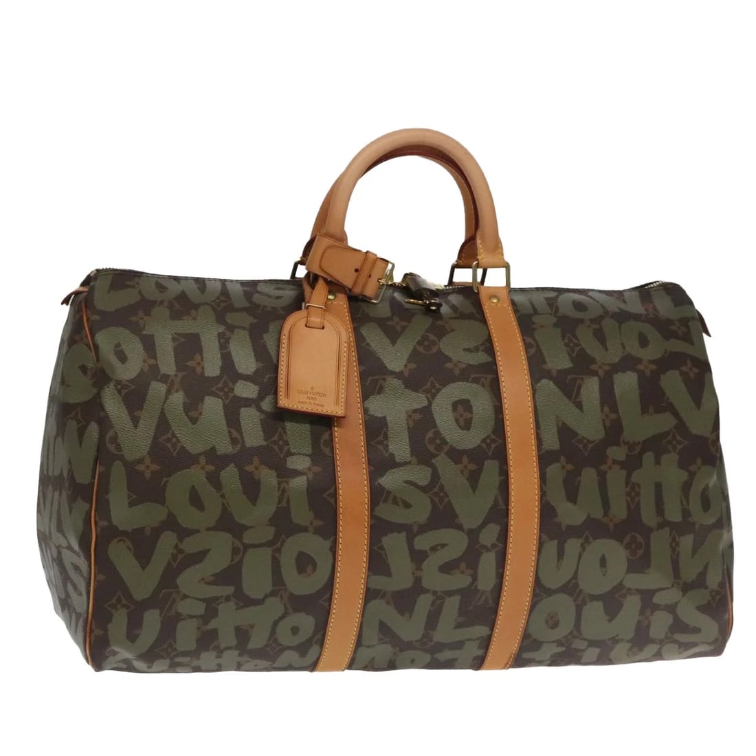 LOUIS VUITTON MONOGRAM GRAFFITI KEEPALL 50 BOSTON BAG KHAKI: LOUIS VUITTON Monogram Graffiti Keepall 50 Boston Bag Khaki Brand: LOUIS VUITTON Type/Style: Boston Bag Material: Monogram Graffiti Canvas Color: Khaki Size: Size(Inch) W19.7 x H9.8 x D8.7inch(Approx)