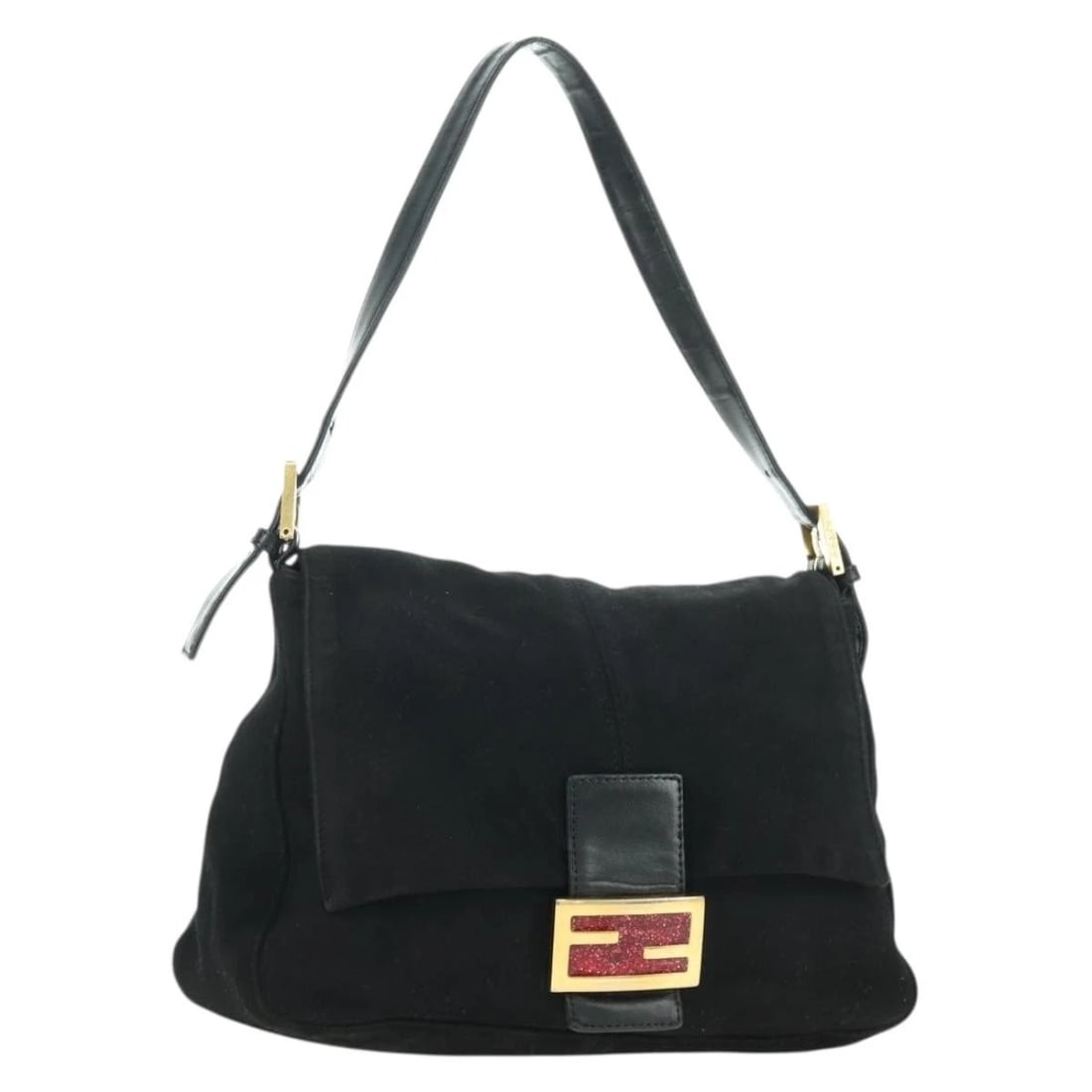 FENDI MAMMA BAGUETTE SHOULDER BAG SUEDE BLACK GOLD: FENDI Mamma Baguette Shoulder Bag Suede Black Gold Brand: FENDI Type/Style: Shoulder Bag Material: Suede Color: Black/Gold Size: Size(Inch) W10.6 x H6.7 x D3.9inch(Approx) Accessories: None