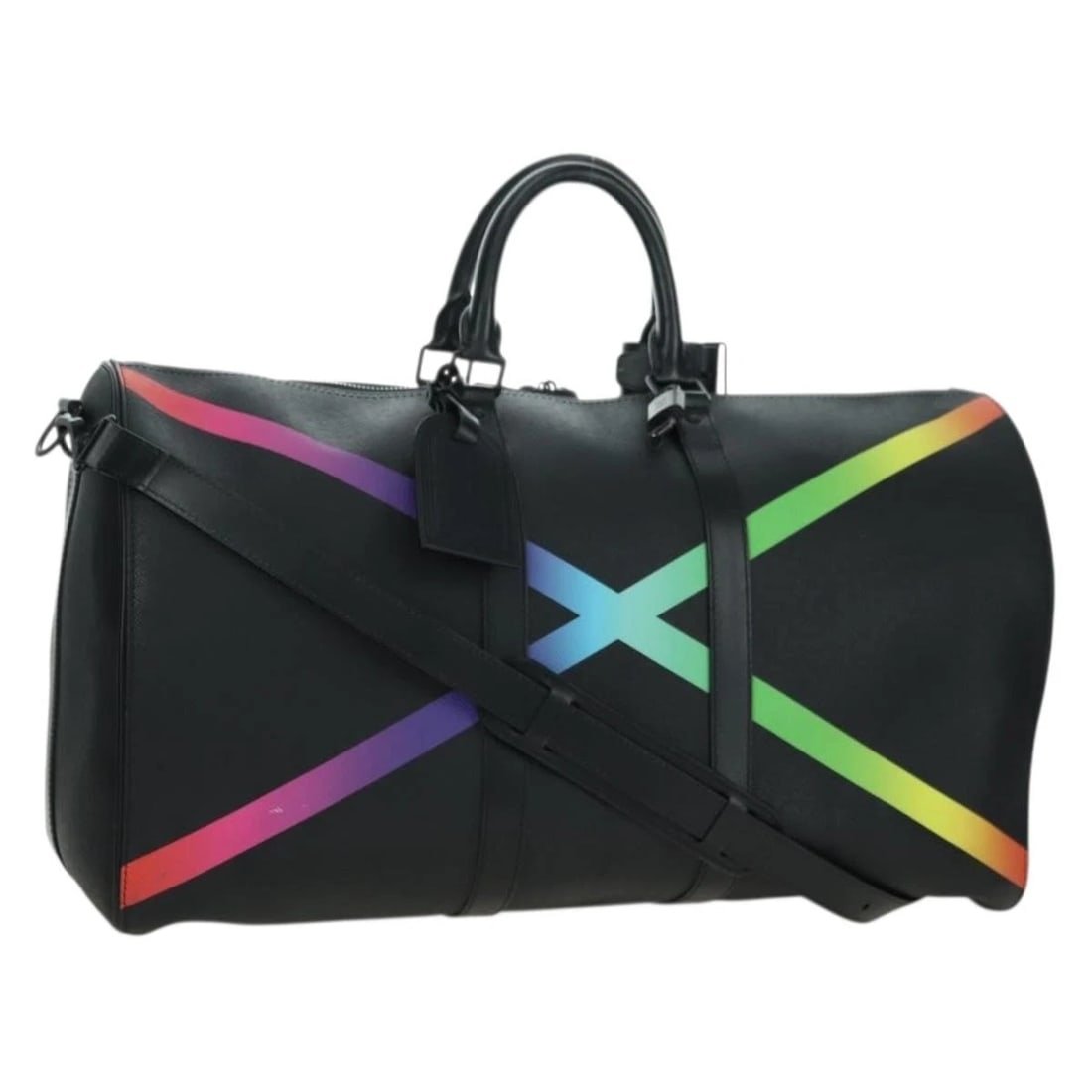 LOUIS VUITTON TAIGA RAINBOW KEEPALL BANDOULIERE 50 BAG BLACK: LOUIS VUITTON Taiga Rainbow Keepall Bandouliere 50 Bag Black Brand: LOUIS VUITTON Type/Style: Boston Bag Material: Taiga leather Color: Black/Multicolor Size: Size(Inch) W19.7 x H9.8 x D8.7inch(Approx