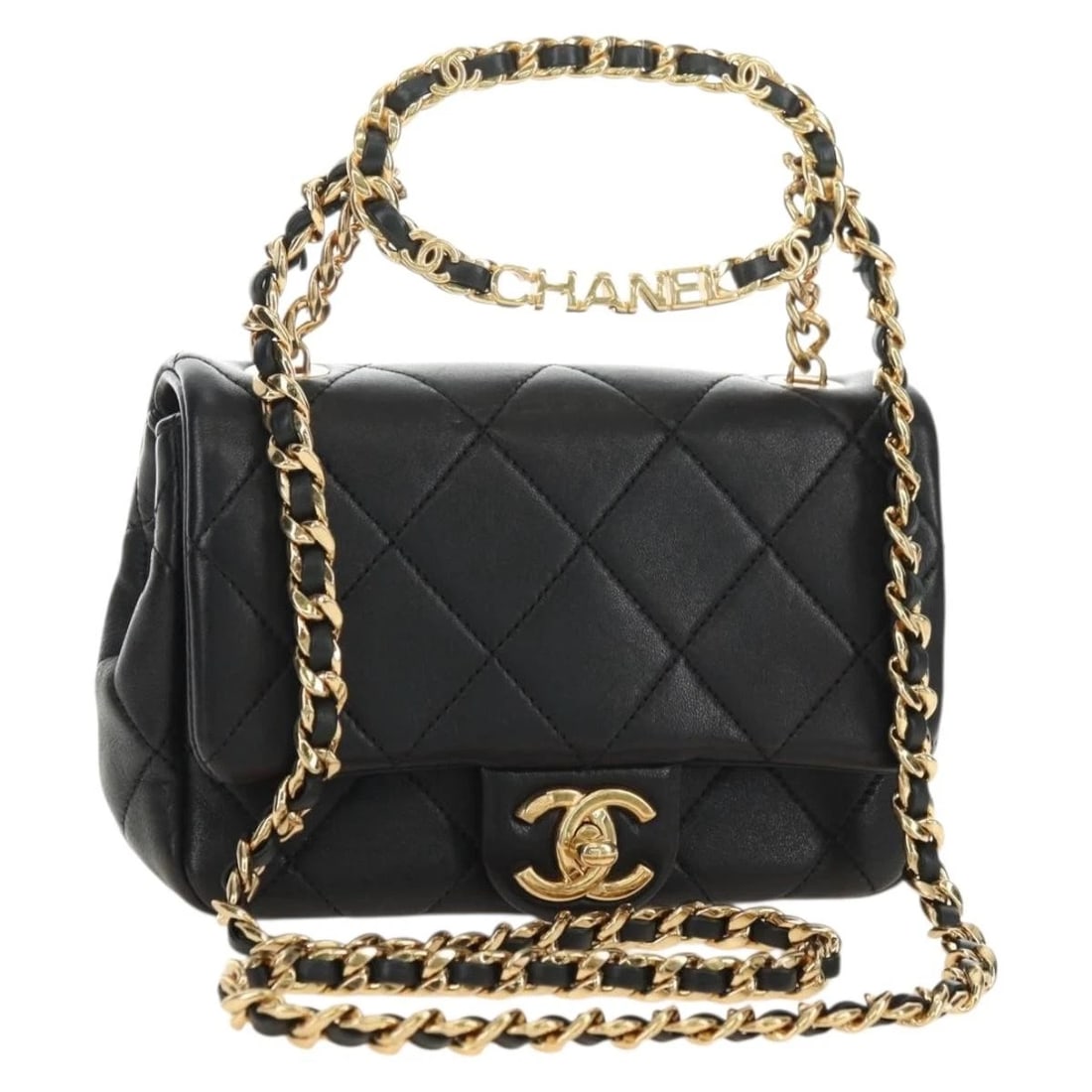 CHANEL MINI MATELASSE 19 CHAIN BAG LAMB SKIN 2WAY BLACK GOLD: CHANEL Mini Matelasse 19 Chain Bag Lamb Skin 2way Black Gold Brand: CHANEL Type/Style: Shoulder Bag Material: Lamb Skin Color: Black/Gold Size: Size(Inch) W7.5 x H5.1 x D2.4inch(Approx) Handle Drop:3.
