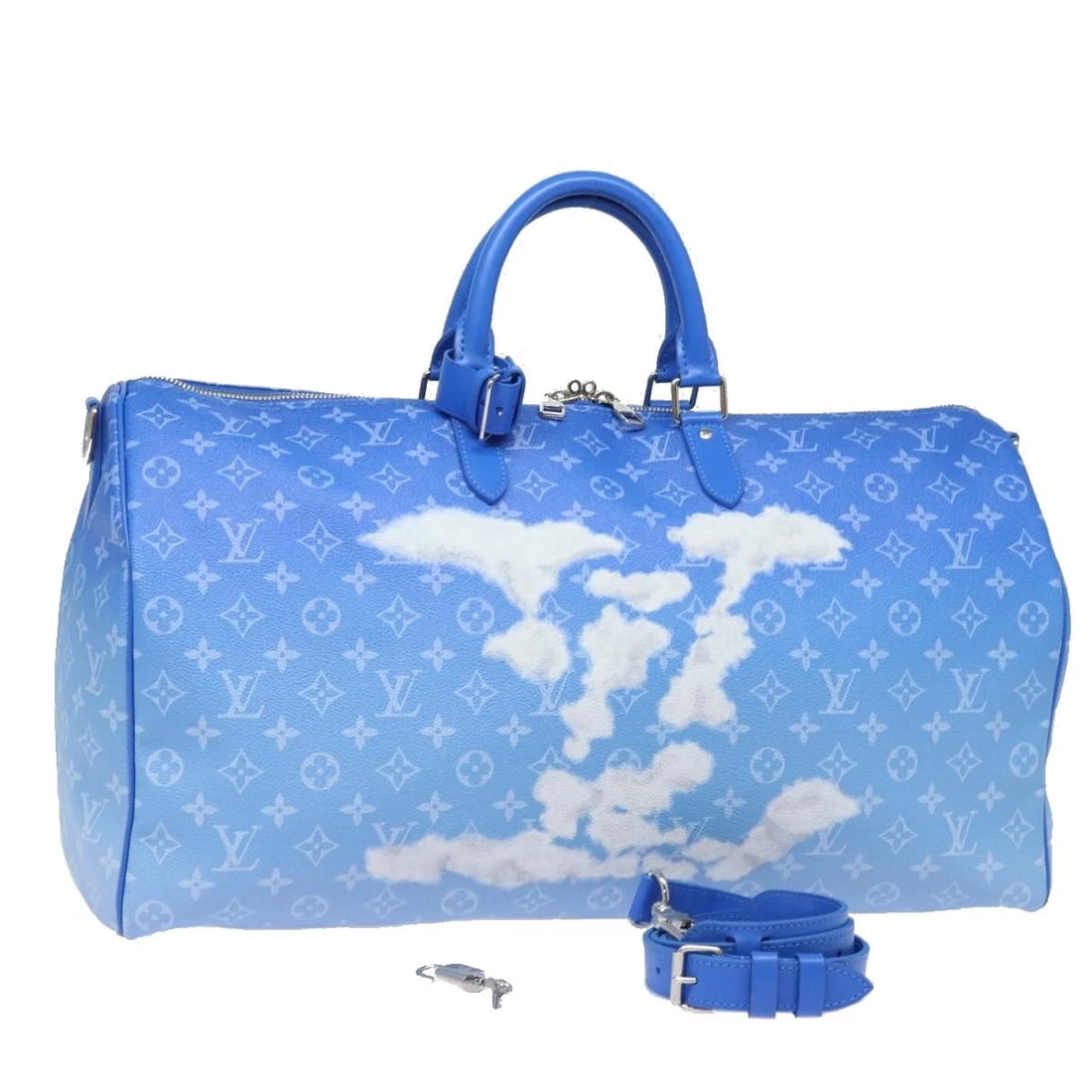 LOUIS VUITTON MONOGRAM CLOUDS KEEPALL BANDOULIERE 50 BAG: LOUIS VUITTON Monogram Clouds Keepall Bandouliere 50 Bag Brand: LOUIS VUITTON Type/Style: Boston Bag Material: Monogram Canvas Color: Blue/White Size: Size(Inch) W19.7 x H9.8 x D8.7inch(Approx) Ac
