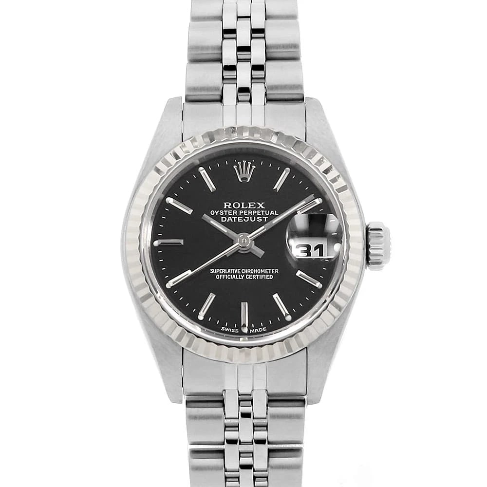 ROLEX BLACK WATCH: ROLEX black Brand: ROLEX Type/Style: Wrist watch Material: Band Material Stainless Steel, Case Material Stainless Steel/White gold Color: Dial Color Black Size: Case Size Case:W26mm Circumference of W