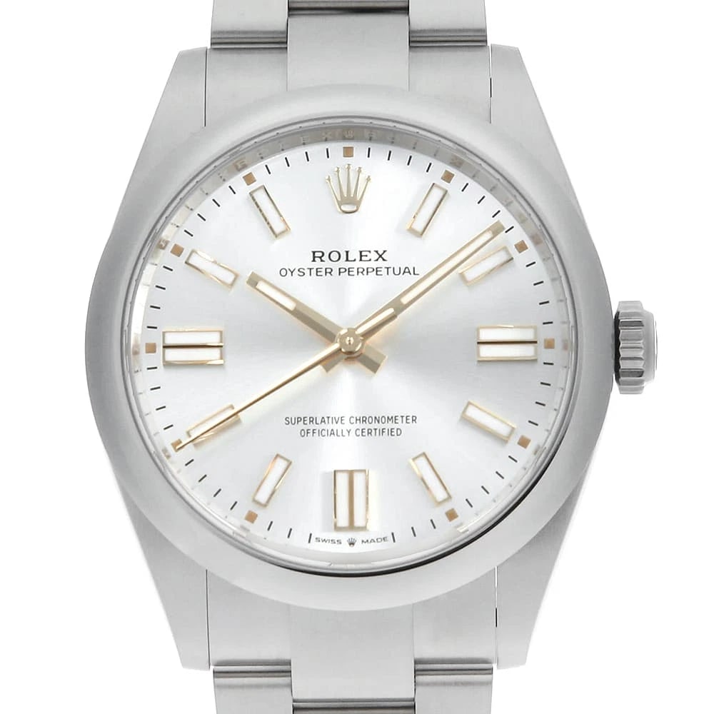 ROLEX OYSTER PERPETUAL SILVER WATCH: ROLEX Oyster perpetual Silver Brand: ROLEX Type/Style: Wrist watch Material: Band Material Stainless Steel, Case Material Stainless Steel Color: Dial Color Silver Size: Case Size Case:W41mm Circumfere