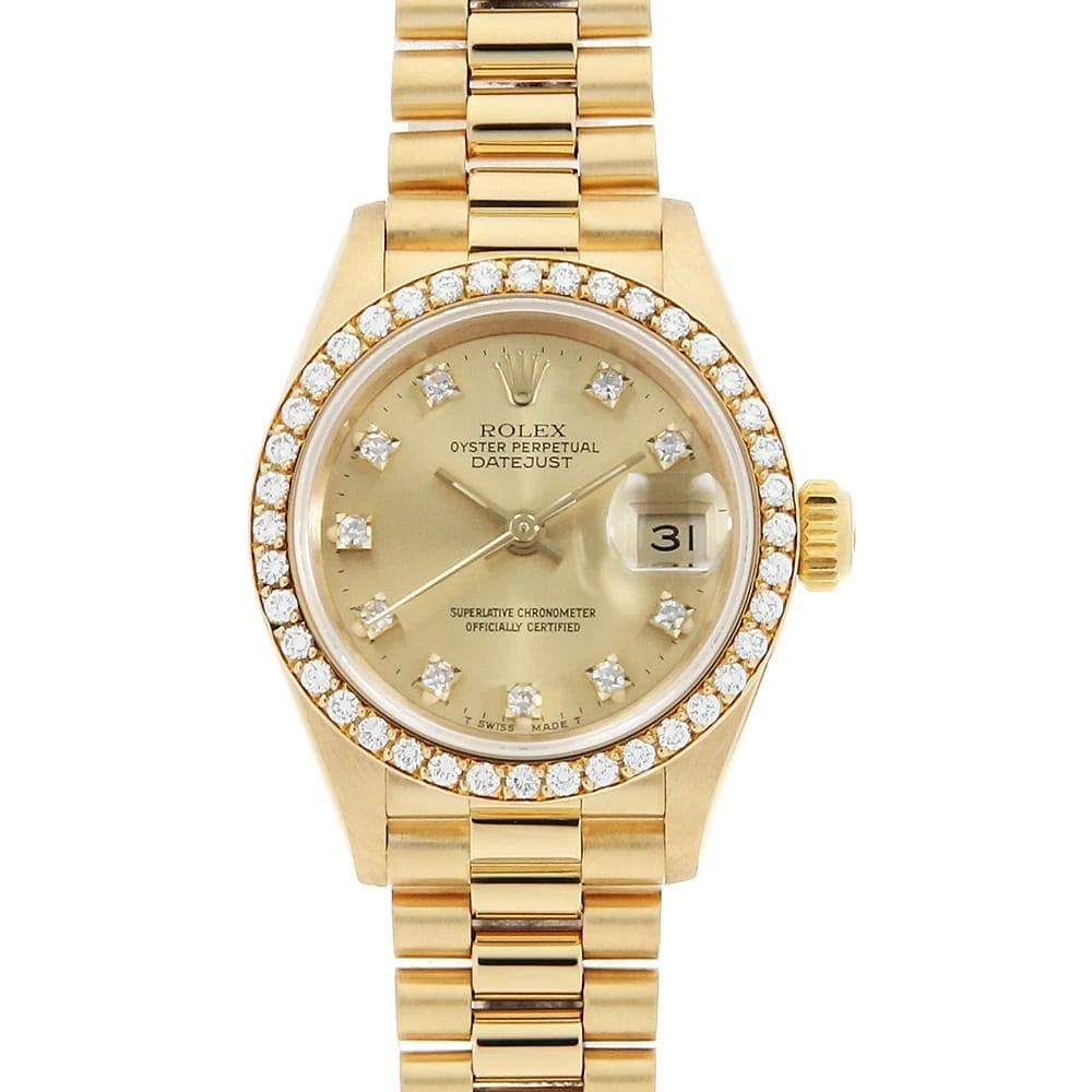 ROLEX BEZEL DIAMOND CHAMPAGNE 96 WATCH: ROLEX bezel diamond Champagne 96 Brand: ROLEX Type/Style: Wrist watch Material: Band Material Yellow Gold, Case Material Yellow Gold Color: Dial Color Champagne Gold Size: Case Size Case:W26mm