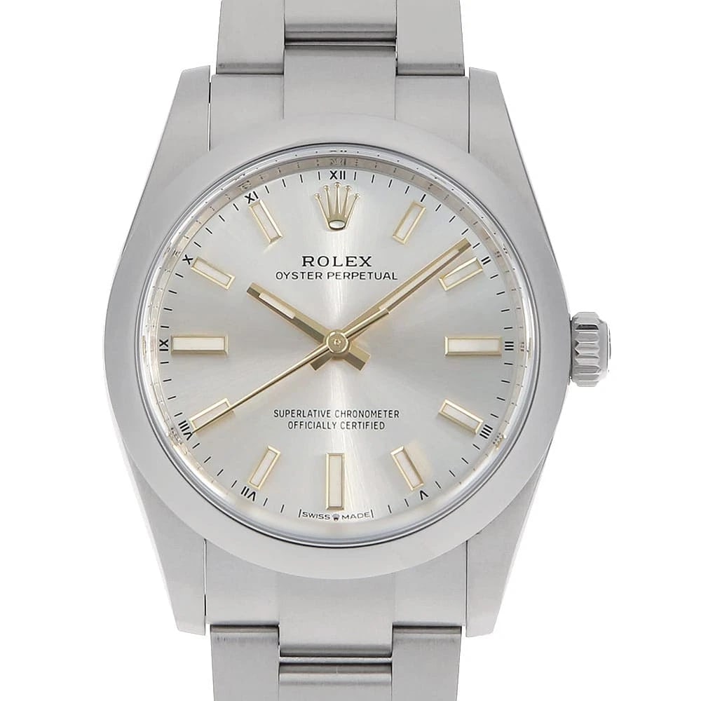 ROLEX OYSTER PERPETUAL SILVER WATCH: ROLEX Oyster perpetual Silver Brand: ROLEX Type/Style: Wrist watch Material: Band Material Stainless Steel, Case Material Stainless Steel Color: Dial Color Silver Size: Case Size Case:W34mm