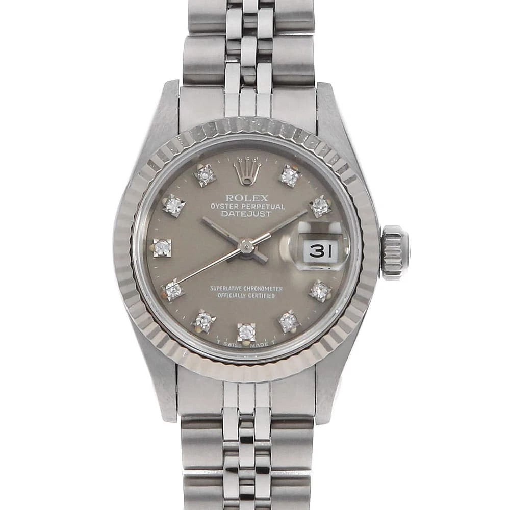 ROLEX DIAMOND GRAY WATCH: ROLEX Diamond gray Brand: ROLEX Type/Style: Wrist watch Material: Band Material Stainless Steel, Case Material Stainless Steel/White gold Color: Dial Color Gray Size: Case Size Case:W26mm Circumferenc