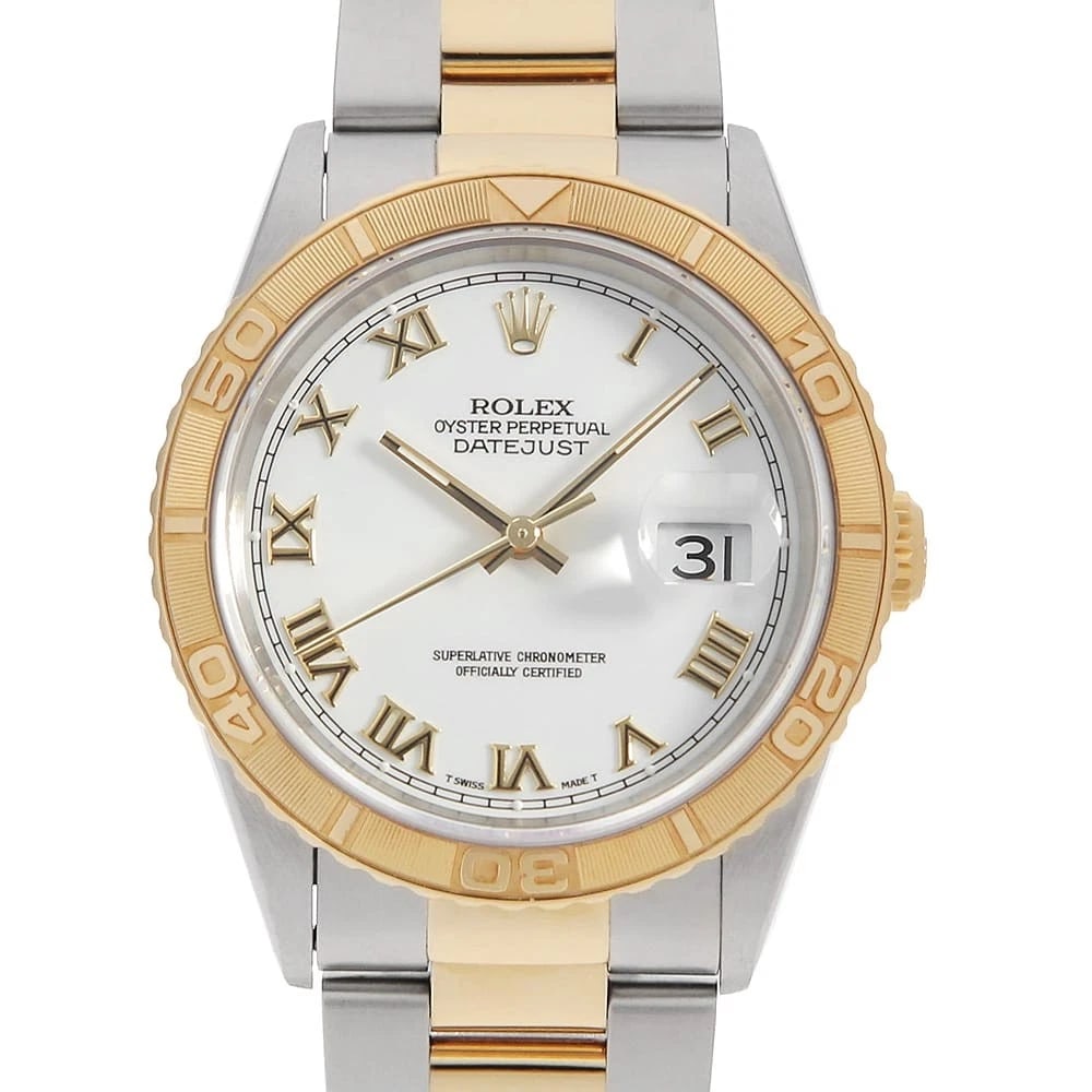 ROLEX THUNDERBIRD WHITE SHANTUNG ROMAN OYSTER WATCH: ROLEX Thunderbird white Shantung Roman Oyster Brand: ROLEX Type/Style: Wrist watch Material: Band Material Stainless Steel/Yellow Gold, Case Material Stainless Steel/Yellow Gold Color: Dial Color Whit