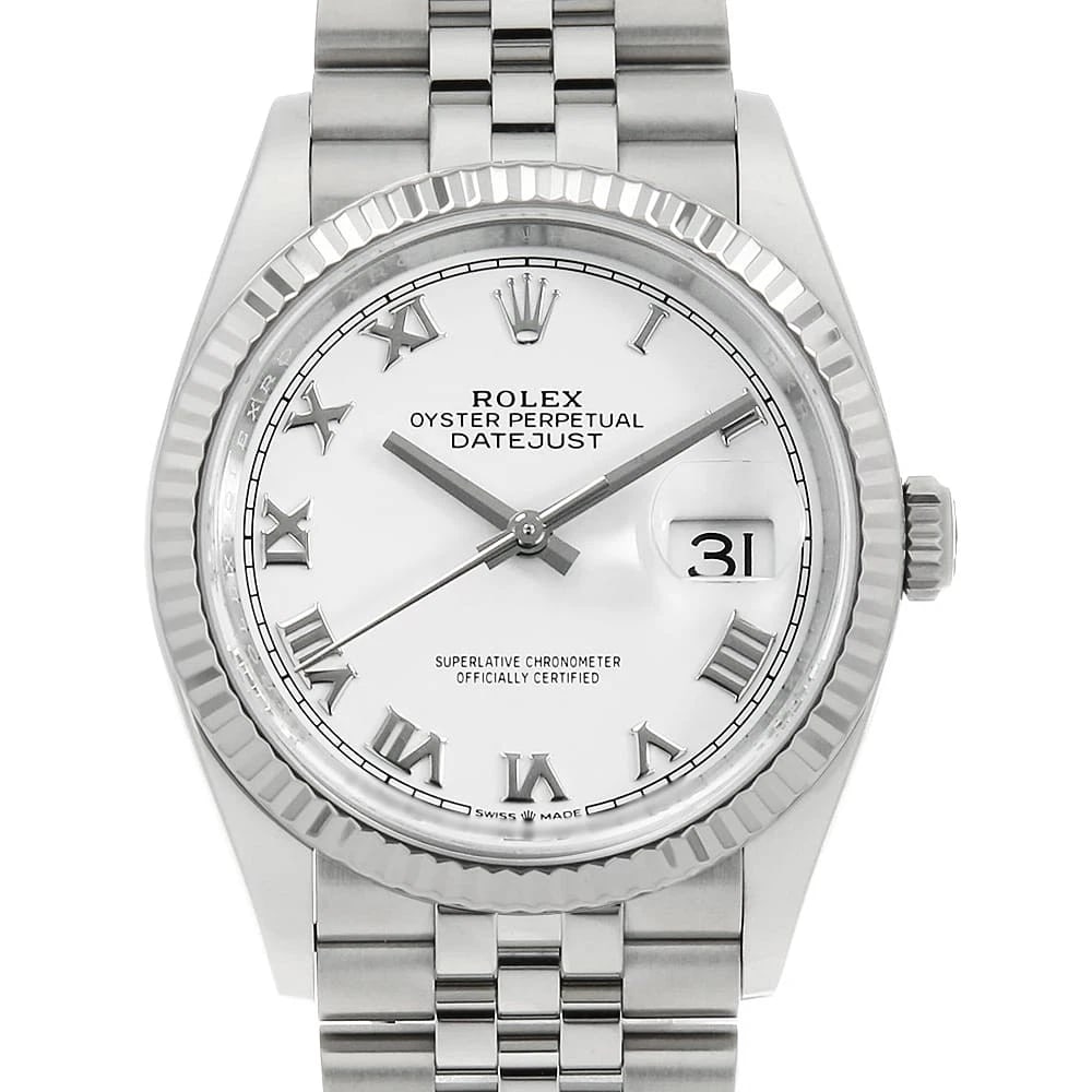 ROLEX WHITE ROMAN JUBILEE WATCH: ROLEX white Roman jubilee Brand: ROLEX Type/Style: Wrist watch Material: Band Material Stainless Steel, Case Material Stainless Steel/White gold Color: Dial Color White Size: Case Size Case:W36mm Circ