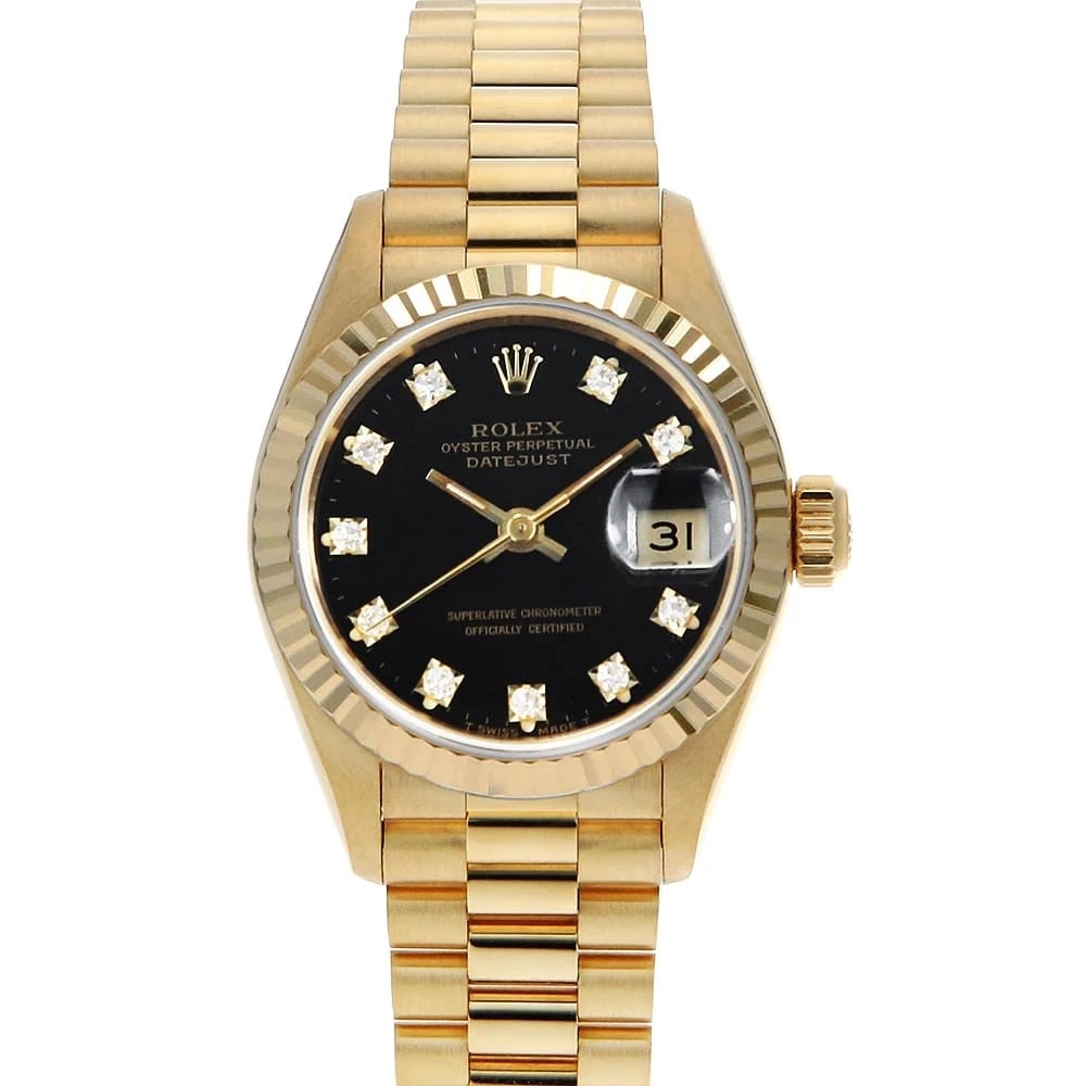 ROLEX DIAMOND BLACK WATCH: ROLEX Diamond black Brand: ROLEX Type/Style: Wrist watch Material: Band Material Yellow Gold, Case Material Yellow Gold Color: Dial Color Black Size: Case Size Case:W26mm Circumference of Wrist:16cm