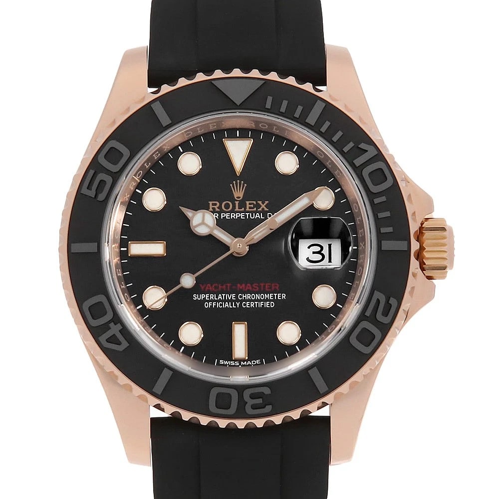 ROLEX YACHT MASTER BLACK WATCH: ROLEX Yacht master black Brand: ROLEX Type/Style: Wrist watch Material: Band Material rubber, Case Material Everrose gold Color: Dial Color Black Size: Case Size Case:W40mm Circumference of Wrist:17.5