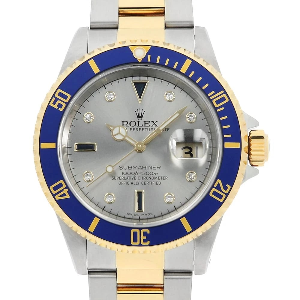 ROLEX SUBMARINER DIAMOND SAPPHIRE GRAY WATCH: ROLEX SUBMARINER Diamond Sapphire gray Brand: ROLEX Type/Style: Wrist watch Material: Band Material Stainless Steel/Yellow Gold, Case Material Stainless Steel/Yellow Gold Color: Dial Color Gray Size: 