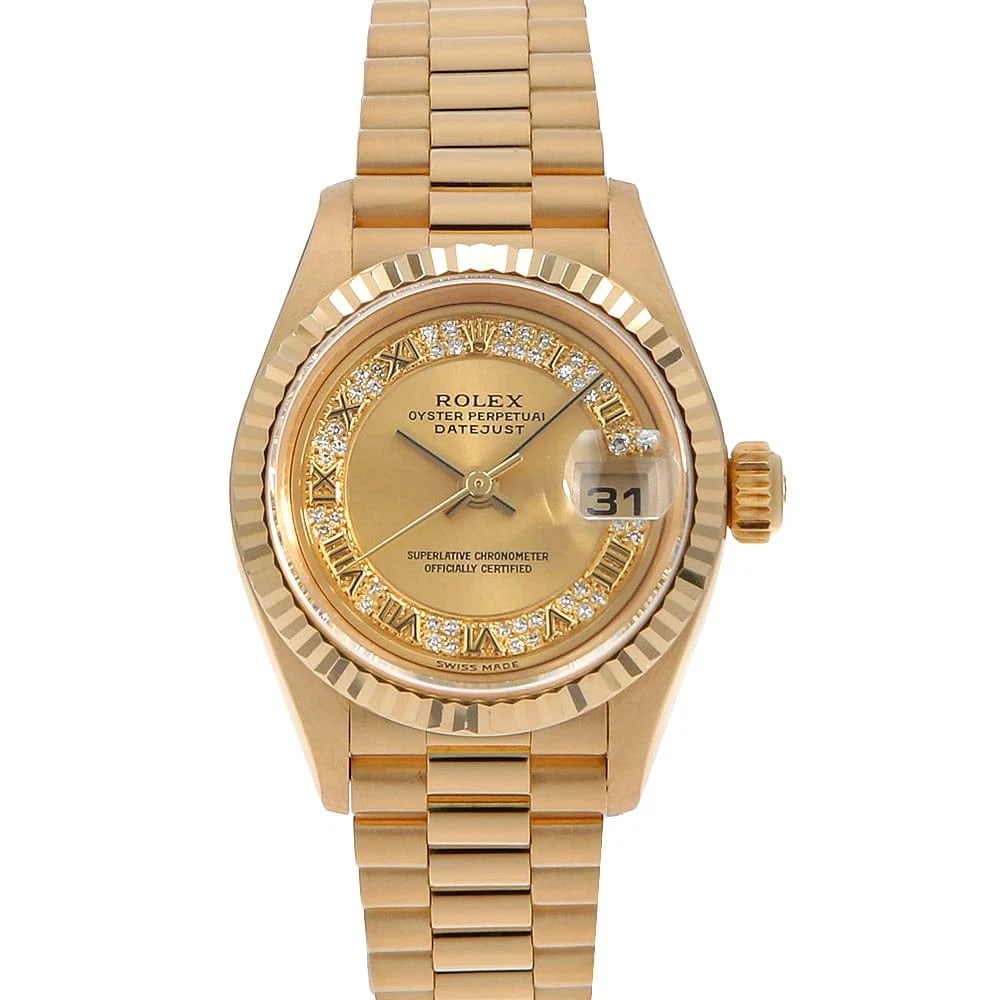 ROLEX CHAMPAGNE ROMAN MILLYARD DIAMOND WATCH: ROLEX Champagne Roman Millyard Diamond Brand: ROLEX Type/Style: Wrist watch Material: Band Material Yellow Gold, Case Material Yellow Gold Color: Dial Color Champagne Gold Size: Case Size Case:W26mm C