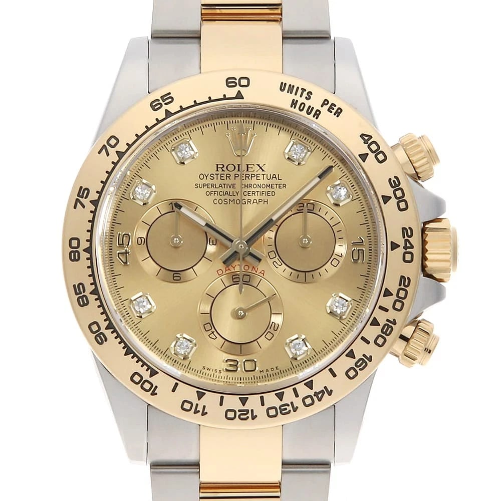 ROLEX COSMOGRAPH DAYTONA DIAMOND CHAMPAGNE WATCH: ROLEX Cosmograph Daytona diamond Champagne Brand: ROLEX Type/Style: Wrist watch Material: Band Material Stainless Steel/Yellow Gold, Case Material Stainless Steel/Yellow Gold Color: Dial Color Champag