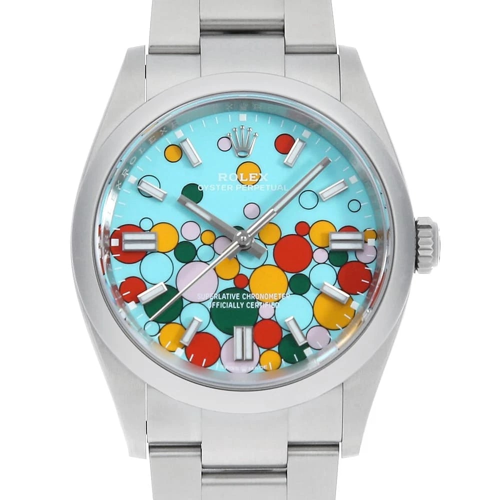 ROLEX OYSTER PERPETUAL TURQUOISE BLUE WATCH: ROLEX Oyster Perpetual turquoise blue Brand: ROLEX Type/Style: Wrist watch Material: Band Material Stainless Steel, Case Material Stainless Steel Color: Dial Color Turquoise Blue Size: Case Size Case:
