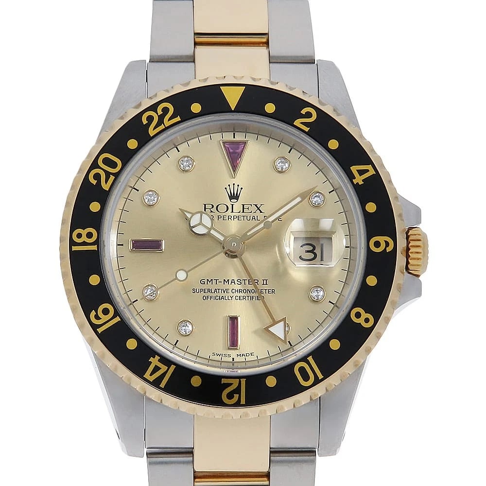 ROLEX GMT MASTER DIAMOND RUBY CHAMPAGNE OYSTER WATCH: ROLEX GMT Master Diamond Ruby Champagne oyster Brand: ROLEX Type/Style: Wrist watch Material: Band Material Stainless Steel/Yellow Gold, Case Material Stainless Steel/Yellow Gold Color: Dial Color Cha