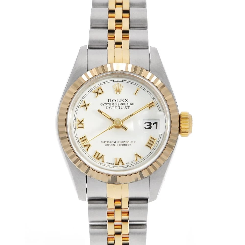 ROLEX WHITE SHANTUNG ROME WATCH: ROLEX white Shantung Rome Brand: ROLEX Type/Style: Wrist watch Material: Band Material Stainless Steel/Yellow Gold, Case Material Stainless Steel/Yellow Gold Color: Dial Color White Size: Case Size Ca