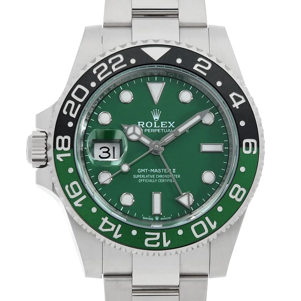 ROLEX GMT MASTER GREEN WATCH: ROLEX GMT Master green Brand: ROLEX Type/Style: Wrist watch Material: Band Material White Gold, Case Material White Gold Color: Dial Color Green Size: Case Size Case:W40mm Circumference of Wrist:19cm 