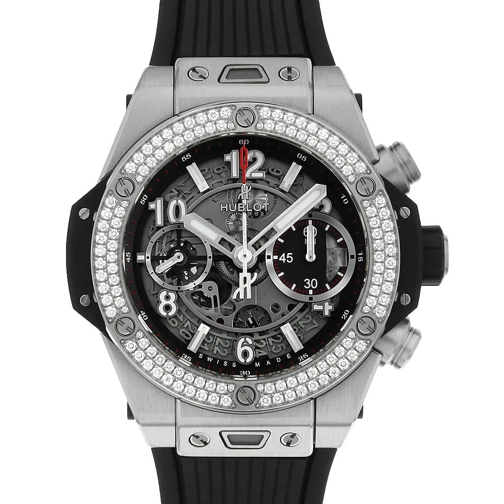HUBLOT BIG BANG UNICO TITANIUM DIAMOND WATCH: HUBLOT Big Bang Unico Titanium Diamond Brand: HUBLOT Type/Style: Wrist watch Material: Band Material rubber, Case Material titanium Color: Dial Color Skeleton Size: Case Size Case:W42mm Accessorie