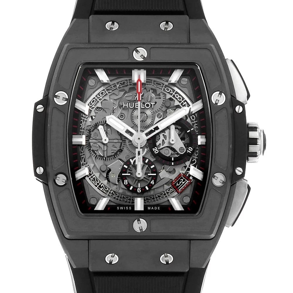 HUBLOT SPIRIT OF BIG BANG BLACK MAGIC WATCH: HUBLOT Spirit of Big Bang Black Magic Brand: HUBLOT Type/Style: Wrist watch Material: Band Material rubber, Case Material ceramic Color: Dial Color Skeleton Size: Case Size Case:W48mm x H42mm