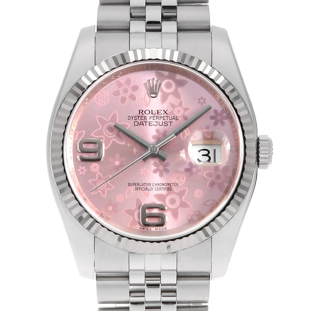 ROLEX PINK FLOWER MOTIF JUBILEE WATCH: ROLEX pink Flower motif Jubilee Brand: ROLEX Type/Style: Wrist watch Material: Band Material Stainless Steel, Case Material Stainless Steel/White gold Color: Dial Color Pink Size: Case Size
