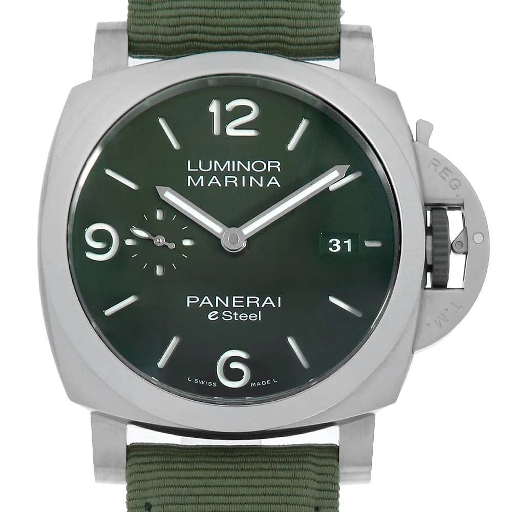 PANERAI LUMINOR MARINA E-STEEL VERDE WATCH: PANERAI Luminor Marina E-Steel Verde Brand: PANERAI Type/Style: Wrist watch Material: Band Material fabric, Case Material Stainless Steel Color: Dial Color Green Size: Case Size Case:W44mm