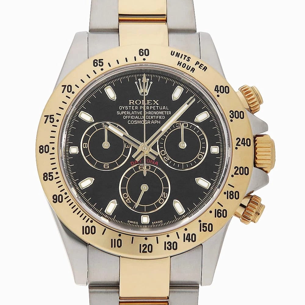 ROLEX COSMOGRAPH DAYTONA BLACK WATCH: ROLEX Cosmograph Daytona black Brand: ROLEX Type/Style: Wrist watch Material: Band Material Stainless Steel/Yellow Gold, Case Material Stainless Steel/Yellow Gold Color: Dial Color Black Size: Case
