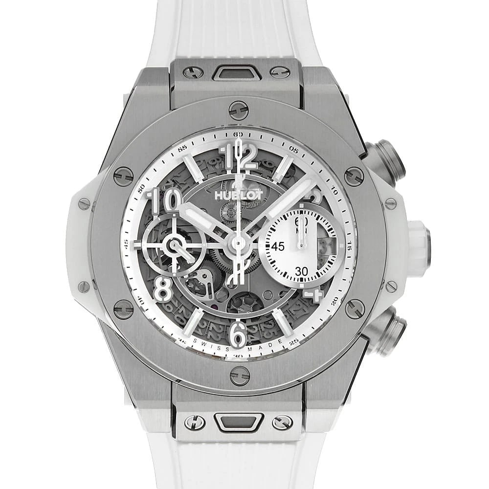 HUBLOT BIG BANG UNICO TITANIUM WHITE WATCH: HUBLOT Big Bang Unico Titanium White Brand: HUBLOT Type/Style: Wrist watch Material: Band Material rubber, Case Material titanium Color: Dial Color Skeleton Size: Case Size Case:W42mm Accessories: