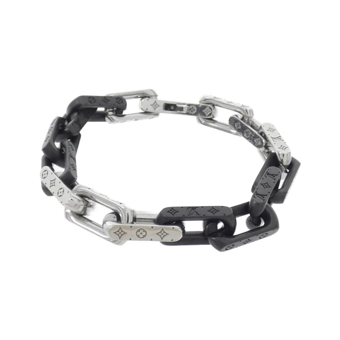 LOUIS VUITTON MONOGRAM CHAIN BRACELET: Louis Vuitton Monogram Chain Bracelet Brand: LOUIS VUITTON Type/Style: Chain Bracelet Material: none, Color: BLACK (Black) / SILVER (Silver) Metal Size: Length : 22cm , Width: 1cm , Size: L-