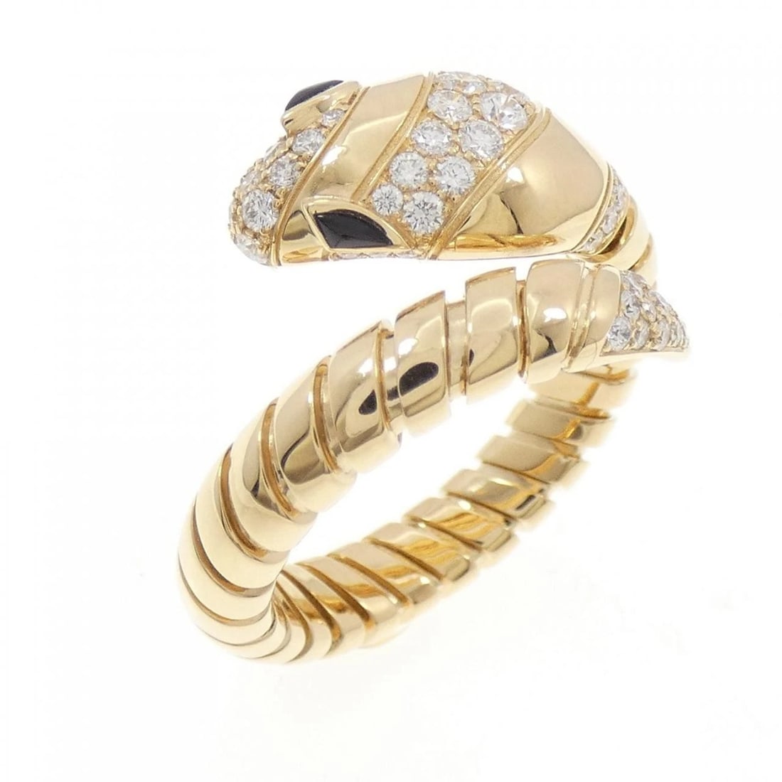 BVLGARI SERPENTI TUBOGAS RING: Bvlgari Serpenti Tubogas Ring Brand: BVLGARI Type/Style: Bulgari Ring Material: 750 yellow gold, Main Stone Onyx Secondary Stone Natural Color: yellow gold Size: US 8 1/4 Accessories: None