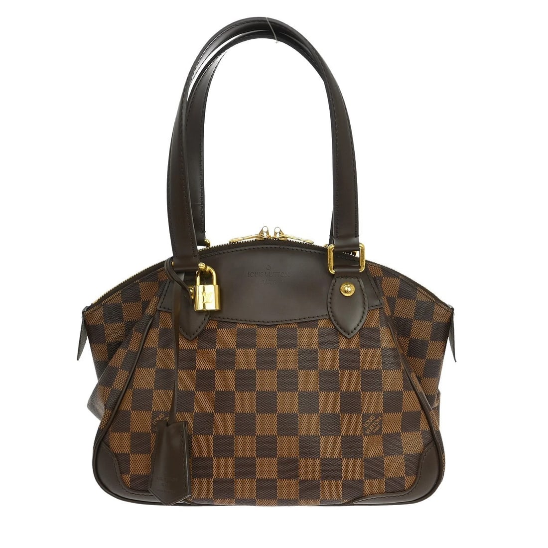 LOUIS VUITTON DAMIER VERONA PM HANDBAG: Louis Vuitton Damier Verona PM Handbag Brand: Louis Vuitton Type/Style: Top Handle Bag Material: Damier Canvas, Leather Color: Ebene * Brown Size: W 11.0 x H 8.3 x D 6.3 (Inch) Accessories: None <