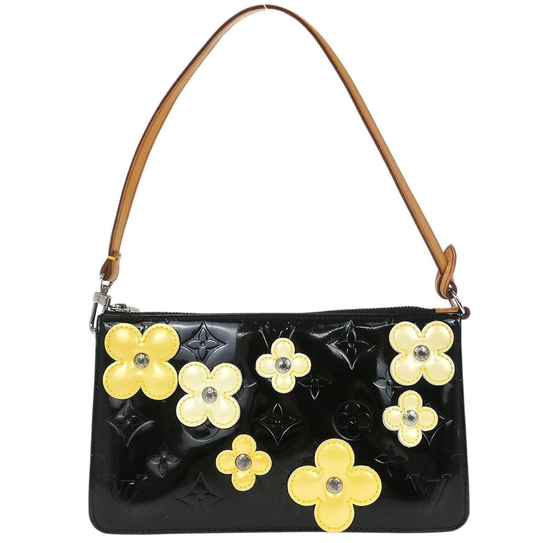 LOUIS VUITTON BLACK VERNIS FLOWER LEXINGTON HANDBAG: Louis Vuitton Black Vernis Flower Lexington Handbag Brand: Louis Vuitton Type/Style: Hand Bag Material: Patent Leather, Leather Color: Black Size: W 7.9 x H 4.7 x D 1.6 (Inch) Accessories: None