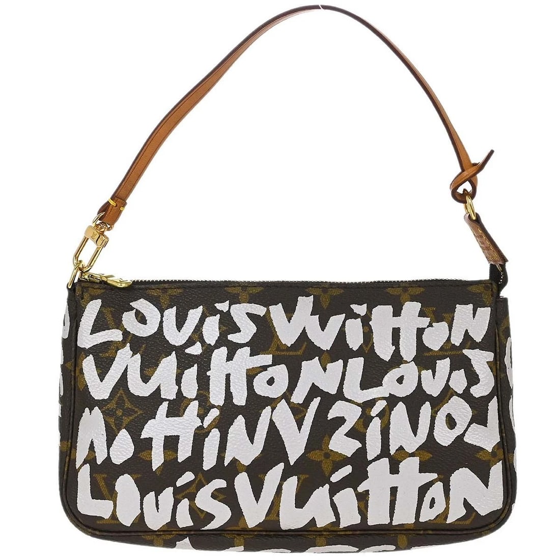 LOUIS VUITTON WHITE GRAFFITI POCHETTE ACCESSOIRES HANDBAG: Louis Vuitton White Graffiti Pochette Accessoires Handbag Brand: Louis Vuitton Type/Style: Top Handle Bag Material: Monogram Graffiti Canvas, Leather Color: White, Brown Size: W 8.3 x H 5.1 x D 1.4 (I