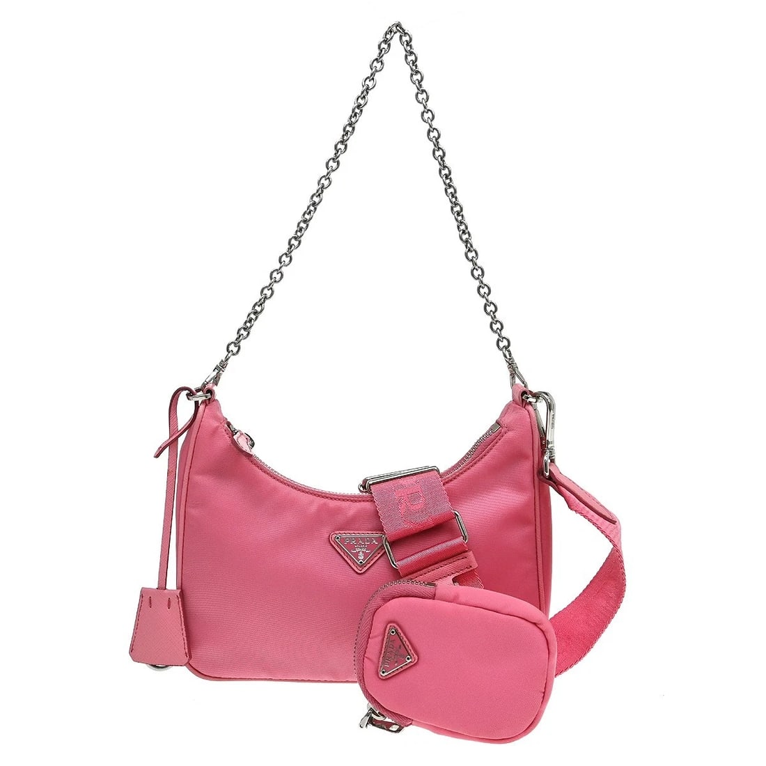 PRADA PINK NYLON SHOULDER BAG: Prada Pink Nylon Shoulder Bag Brand: PRADA Type/Style: Shoulder Bag Material: Nylon, Leather Color: Pink Size: W 8.7 x H 5.5 x D 2.0 (Inch) Accessories: None Accessories Notice: When purch