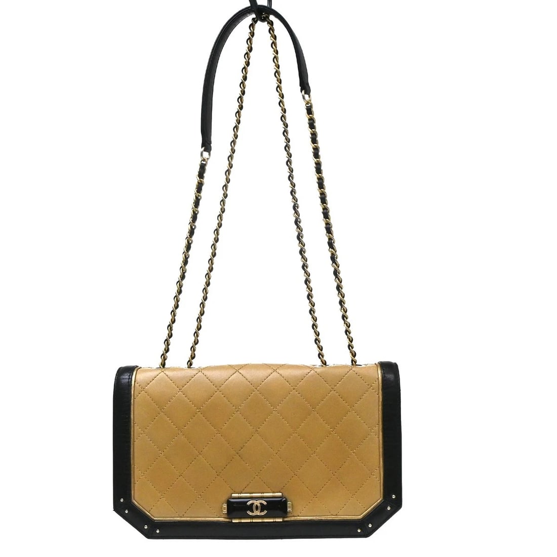 CHANEL BI-COLOR LAMBSKIN DOUBLE CHAIN SHOULDER BAG: Chanel Bi-Color Lambskin Double Chain Shoulder Bag Brand: CHANEL Type/Style: Shoulder Bag Material: Lambskin Color: Beige, Black Size: W 9.8 x H 5.9 x D 2.0 (Inch) Accessories: None Access