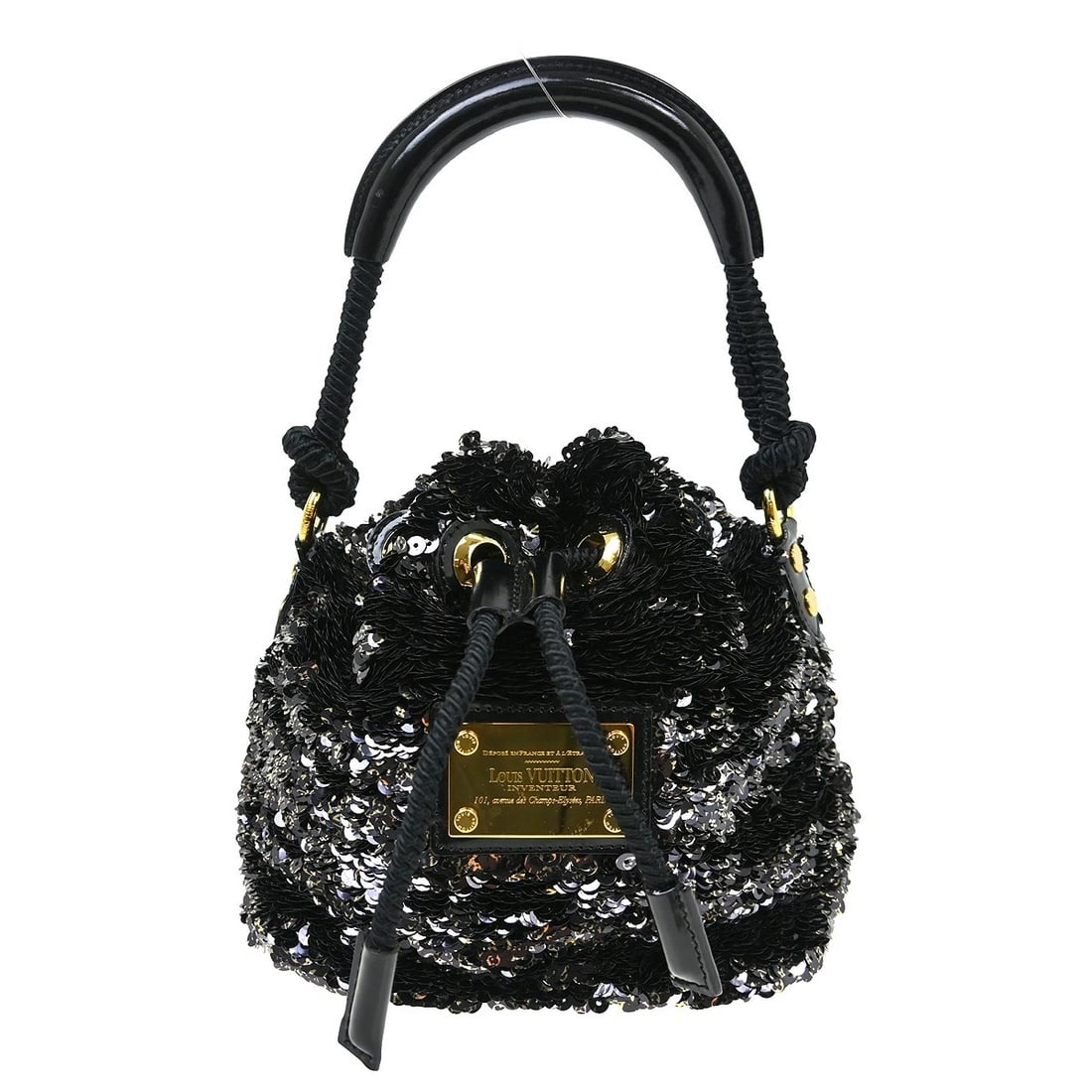 LOUIS VUITTON SPANGLE MINI NOE ROCOCO HANDBAG: Louis Vuitton Spangle Mini Noe Rococo Handbag Brand: Louis Vuitton Type/Style: Bucket & Drawstring Bag Material: Spangle, Leather Color: Gold, Black Size: W 7.1 x H 6.3 x D 4.3 (Inch) Accessories: