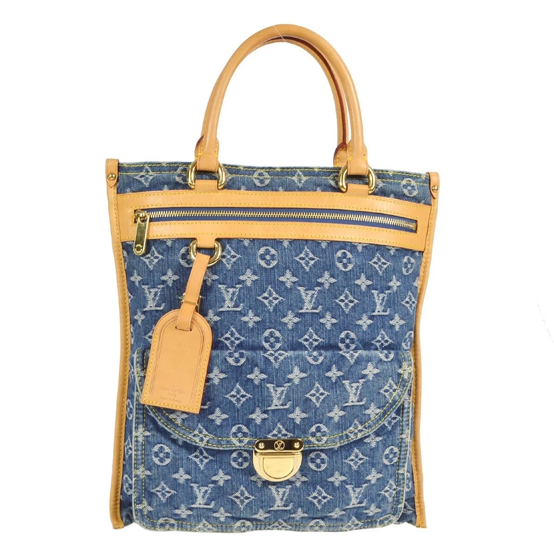 LOUIS VUITTON MONOGRAM DENIM FLAT SHOPPER TOTE HANDBAG: Louis Vuitton Monogram Denim Flat Shopper Tote Handbag Brand: Louis Vuitton Type/Style: Tote Material: Monogram denim canvas, Leather Color: Indigo, Brown Size: W 13.0 x H 14.4 x D 0.2 (Inch) Acce