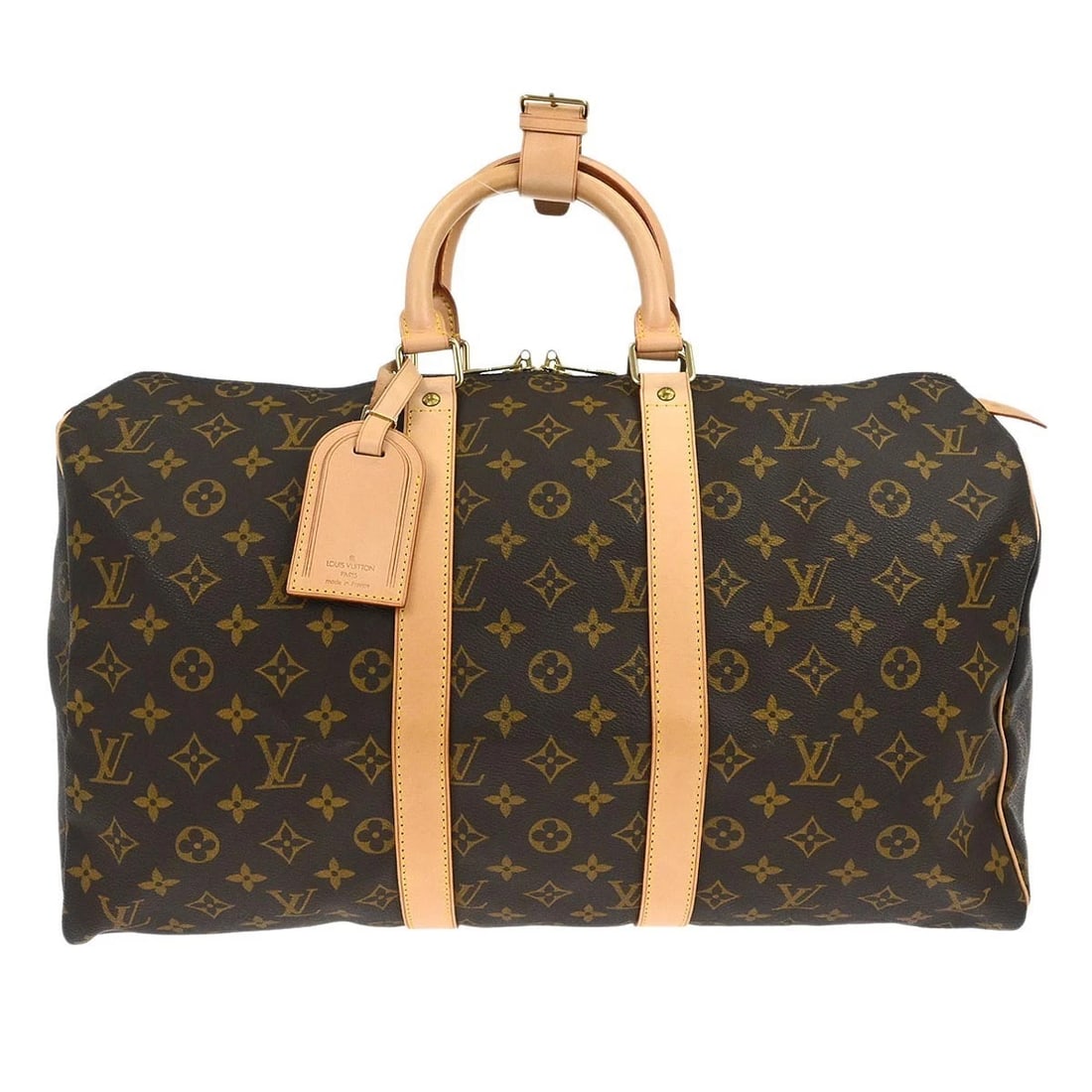LOUIS VUITTON MONOGRAM KEEPALL 45 DUFFLE BAG: Louis Vuitton Monogram Keepall 45 Duffle Bag Brand: Louis Vuitton Type/Style: Duffle Material: Monogram canvas, Leather Color: Brown Size: W 18.1 x H 10.6 x D 7.9 (Inch) Accessories: None