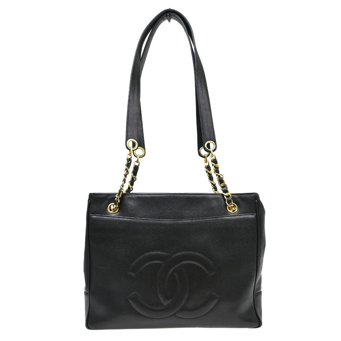 CHANEL BLACK CALFSKIN CC CHAIN TOTE BAG: Chanel Black Calfskin CC Chain Tote Bag Brand: CHANEL Type/Style: Tote Material: Caviar skin leather Color: Black Size: W 12.6 x H 9.8 x D 2.8 (Inch) Accessories: None Accessories Notice: