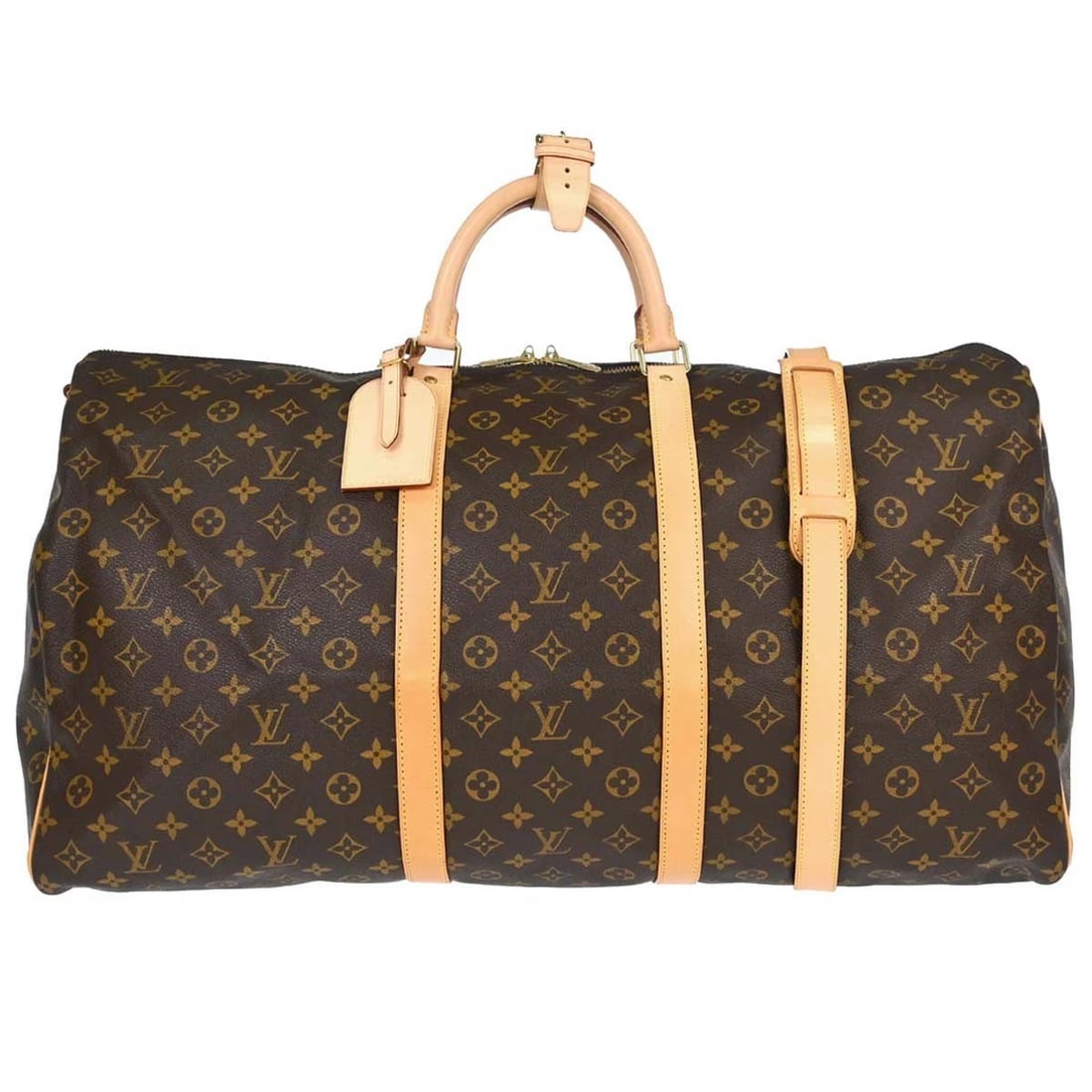 LOUIS VUITTON MONOGRAM KEEPALL BANDOULIERE 60 DUFFLE BAG: Louis Vuitton Monogram Keepall Bandouliere 60 Duffle Bag Brand: Louis Vuitton Type/Style: Duffle Material: Monogram Canvas, Leather Color: Brown Size: W 24.0 x H 12.6 x D 10.2 (Inch) Accessories: