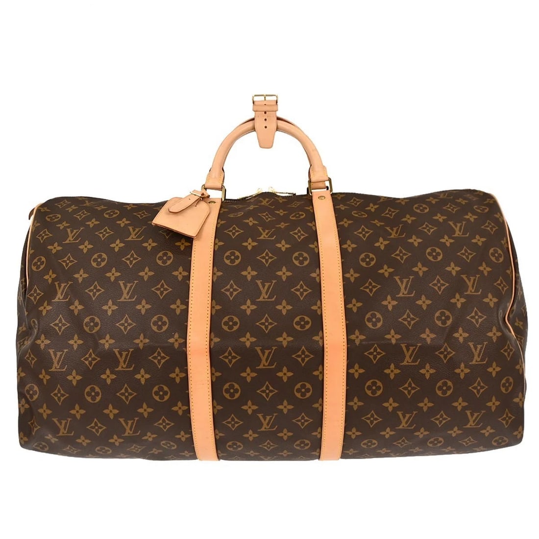 LOUIS VUITTON MONOGRAM KEEPALL 60 DUFFLE HANDBAG: Louis Vuitton Monogram Keepall 60 Duffle Handbag Brand: Louis Vuitton Type/Style: Duffle Material: Monogram Canvas, Leather Color: Brown Size: W 23.6 x H 12.2 x D 10.0 (Inch) Accessories: None